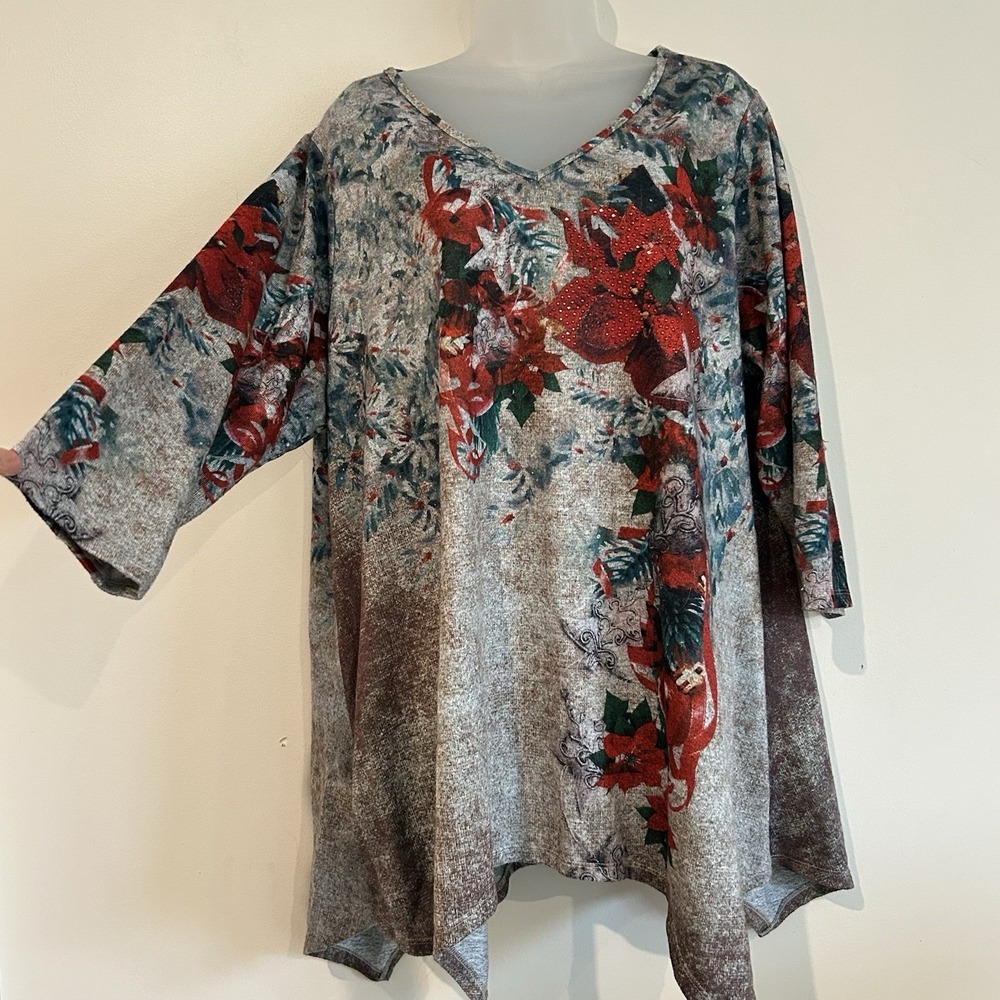 One World Christmas Poinsettia Flower Top Sz 3X Asymmetrical Hem Embellished